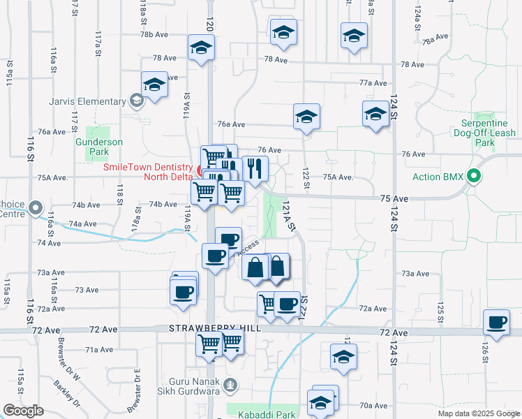 map of restaurants, bars, coffee shops, grocery stores, and more near 12110 75A Avenue in Surrey