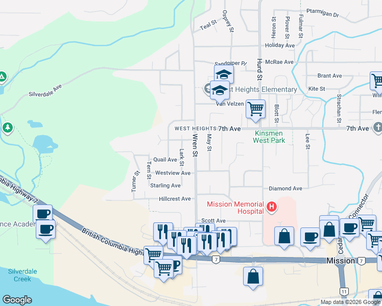 map of restaurants, bars, coffee shops, grocery stores, and more near 7513 Wren Street in Mission