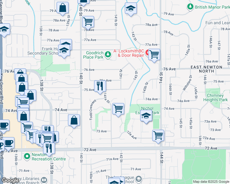 map of restaurants, bars, coffee shops, grocery stores, and more near 14174 75 Avenue in Surrey