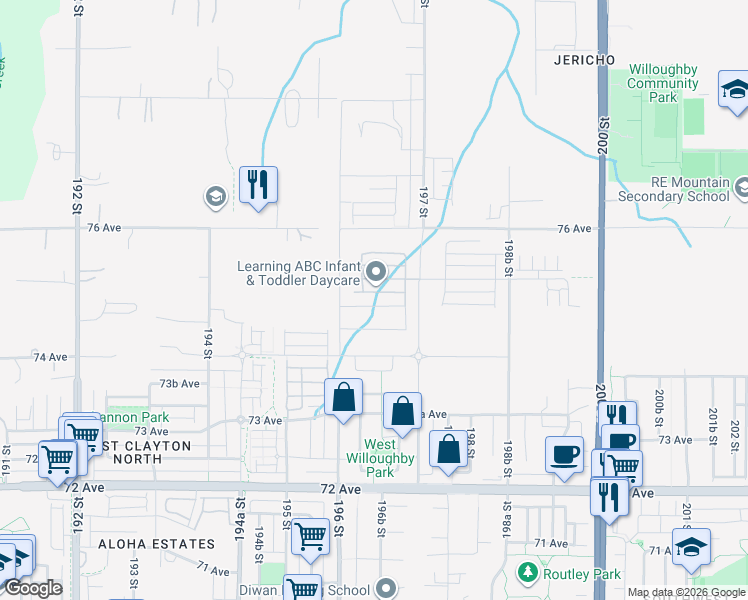 map of restaurants, bars, coffee shops, grocery stores, and more near 19647 75 Avenue in Langley Township