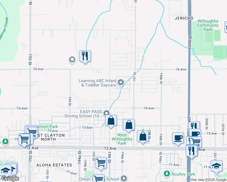 map of restaurants, bars, coffee shops, grocery stores, and more near 19619 75 Avenue in Langley Township
