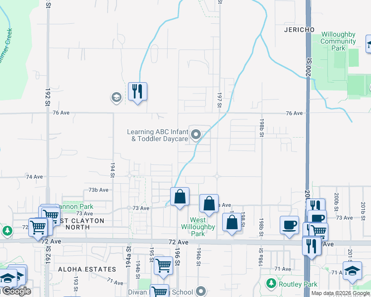 map of restaurants, bars, coffee shops, grocery stores, and more near 19623 75 Avenue in Langley Township