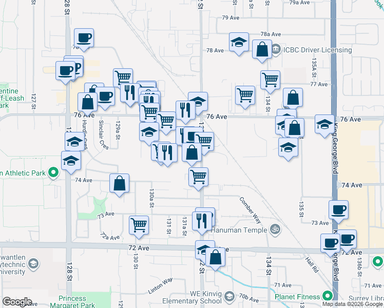 map of restaurants, bars, coffee shops, grocery stores, and more near 7495 132 Street in Surrey