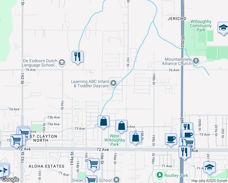 map of restaurants, bars, coffee shops, grocery stores, and more near 197 Street in Langley