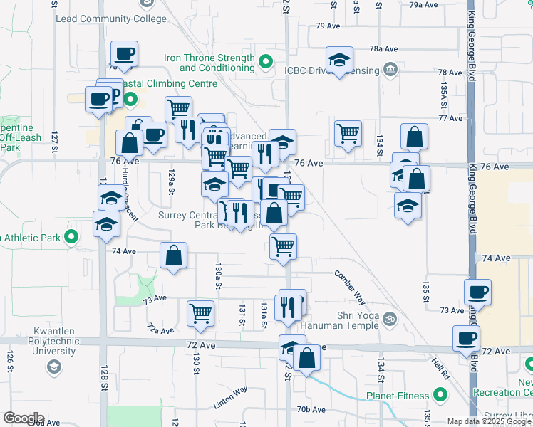 map of restaurants, bars, coffee shops, grocery stores, and more near 7495 132 Street in Surrey
