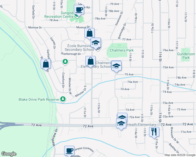 map of restaurants, bars, coffee shops, grocery stores, and more near Glenbrook Place in Delta