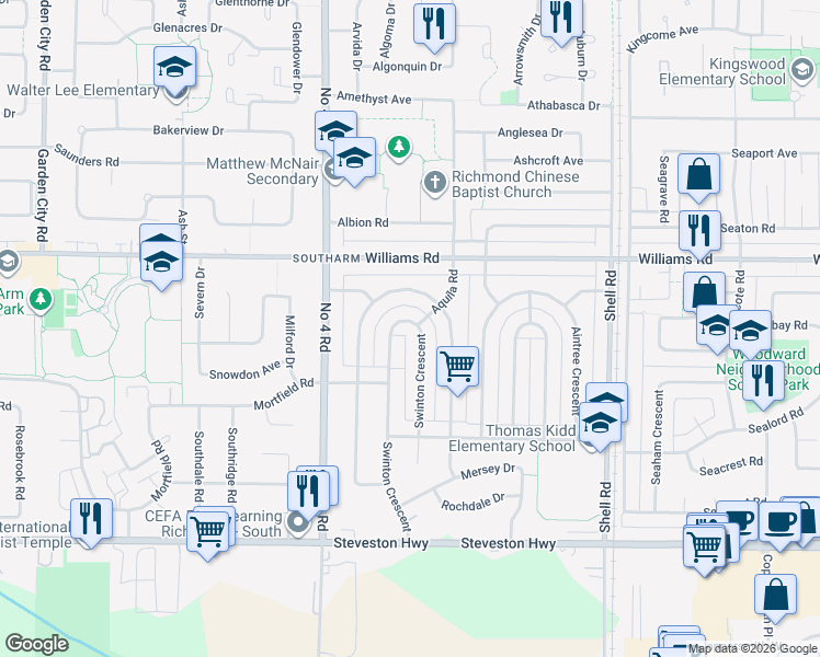 map of restaurants, bars, coffee shops, grocery stores, and more near 10600 Swinton Crescent in Richmond