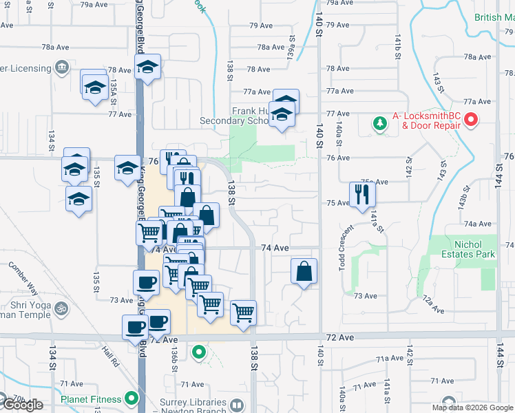 map of restaurants, bars, coffee shops, grocery stores, and more near 7484 138 Street in Surrey