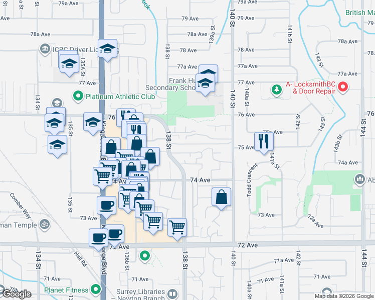 map of restaurants, bars, coffee shops, grocery stores, and more near 7484 138 Street in Surrey