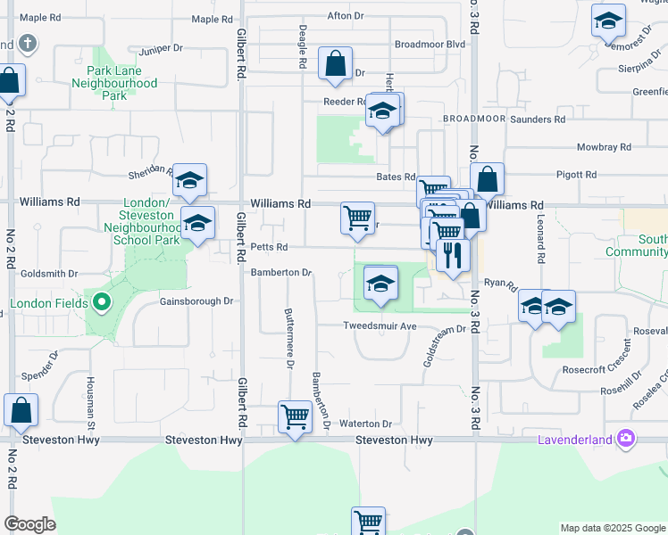 map of restaurants, bars, coffee shops, grocery stores, and more near 7591 Barkerville Court in Richmond