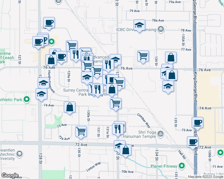map of restaurants, bars, coffee shops, grocery stores, and more near 7495 132 Street in Surrey