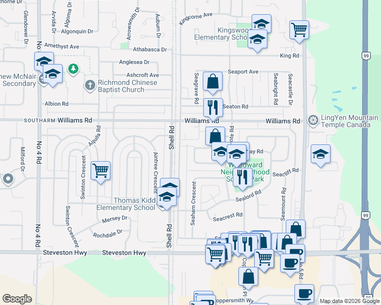 map of restaurants, bars, coffee shops, grocery stores, and more near 11331 Seafield Crescent in Richmond