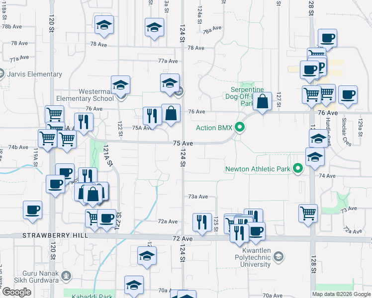 map of restaurants, bars, coffee shops, grocery stores, and more near 7472 124 Street in Surrey