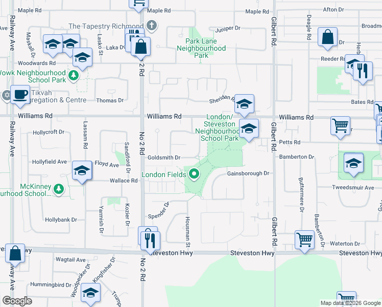 map of restaurants, bars, coffee shops, grocery stores, and more near 6451 Goldsmith Drive in Richmond
