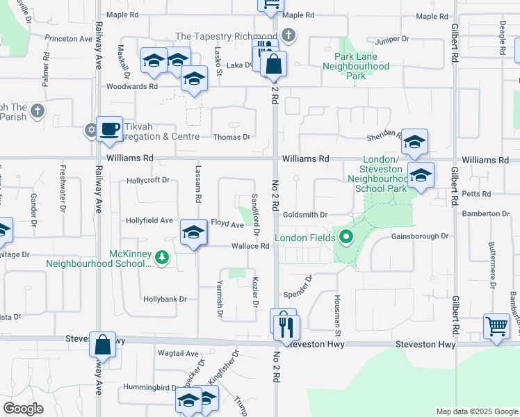 map of restaurants, bars, coffee shops, grocery stores, and more near 10266 Sandiford Drive in Richmond