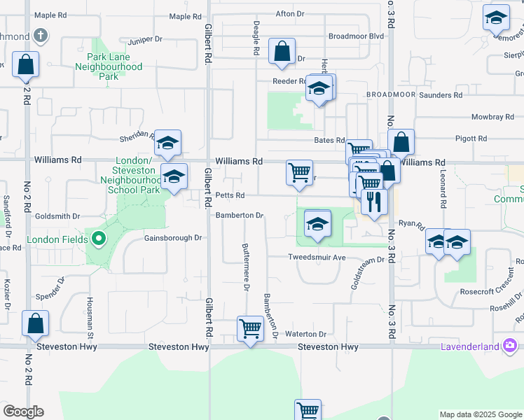 map of restaurants, bars, coffee shops, grocery stores, and more near 10260 Bamberton Drive in Richmond