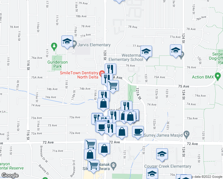 map of restaurants, bars, coffee shops, grocery stores, and more near 7500 120 Street in Surrey