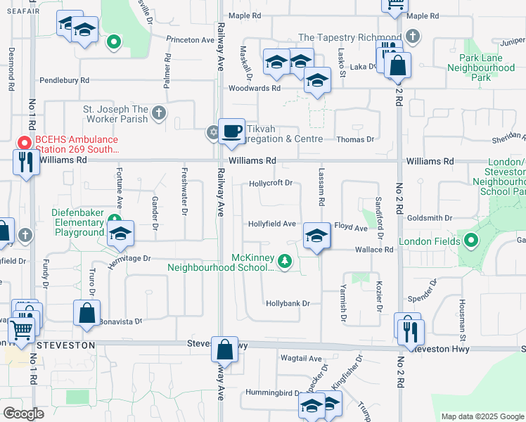 map of restaurants, bars, coffee shops, grocery stores, and more near 5180 Hollywood Drive in Richmond