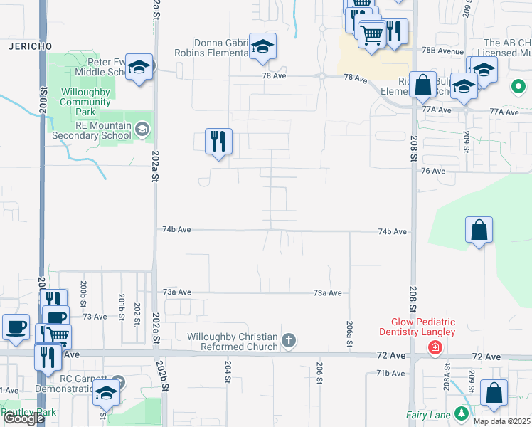 map of restaurants, bars, coffee shops, grocery stores, and more near 20488 75 Avenue in Langley Township