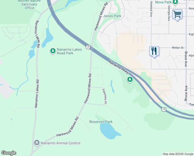 map of restaurants, bars, coffee shops, grocery stores, and more near Fern Ridge Place in Nanaimo