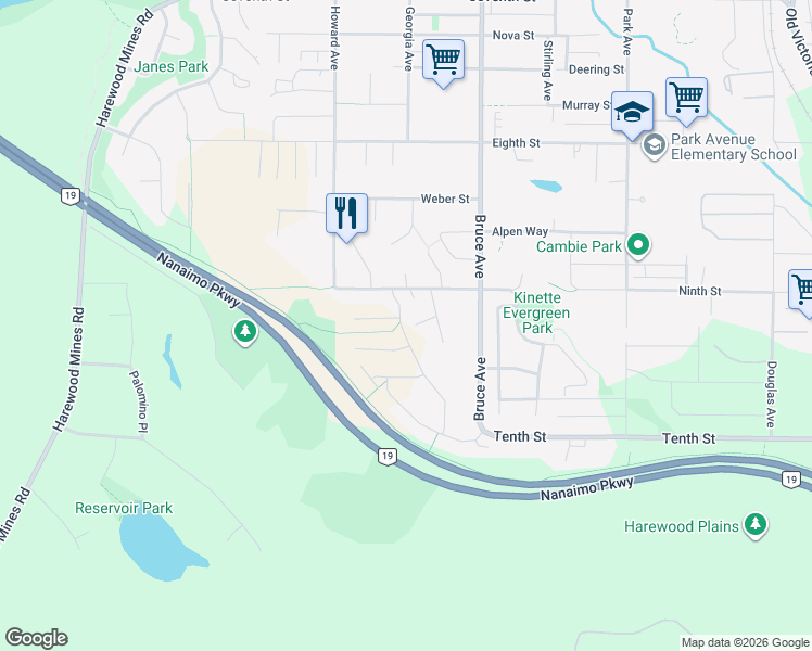 map of restaurants, bars, coffee shops, grocery stores, and more near 1018 Shelby Ann Avenue in Nanaimo
