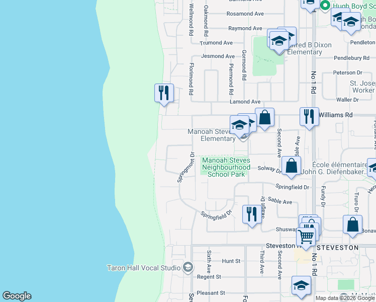 map of restaurants, bars, coffee shops, grocery stores, and more near 10271 Springmont Drive in Richmond