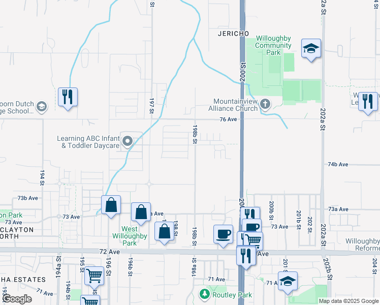 map of restaurants, bars, coffee shops, grocery stores, and more near 19829 75 Avenue in Langley Township
