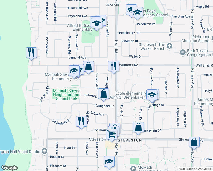 map of restaurants, bars, coffee shops, grocery stores, and more near Scotsdale Avenue in Richmond