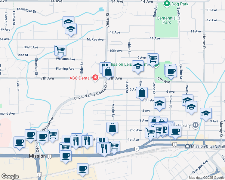 map of restaurants, bars, coffee shops, grocery stores, and more near 32828 6 Avenue in Mission