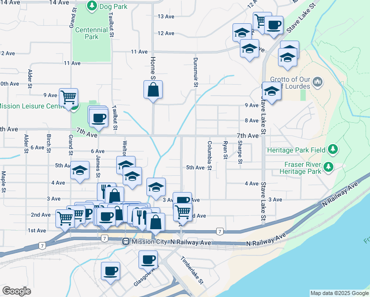 map of restaurants, bars, coffee shops, grocery stores, and more near 7554 Murray Street in Mission