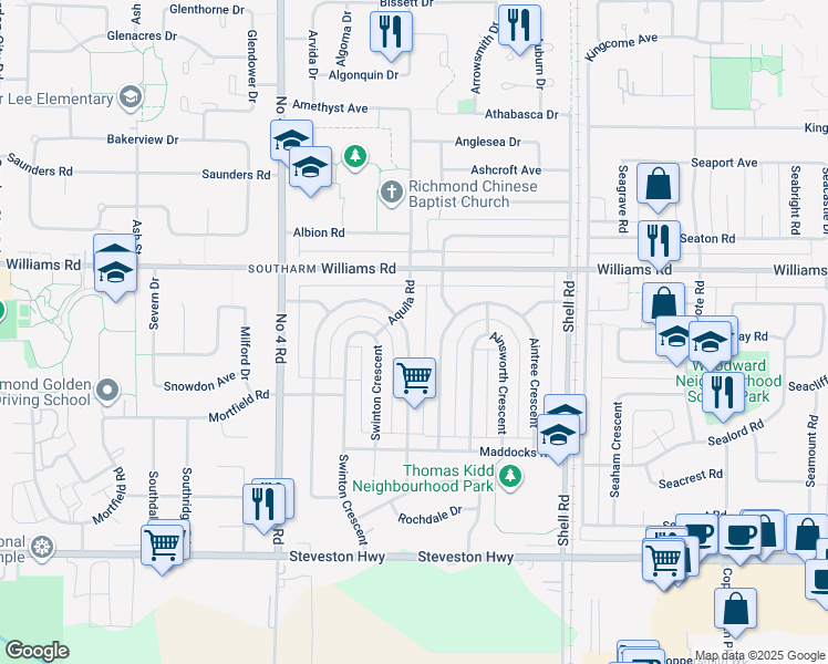 map of restaurants, bars, coffee shops, grocery stores, and more near 10699 Dennis Crescent in Richmond