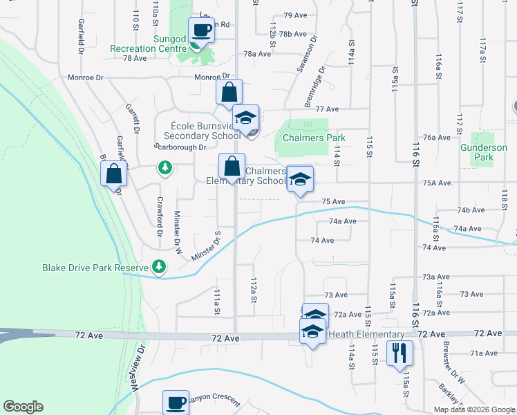 map of restaurants, bars, coffee shops, grocery stores, and more near 11253 Glenbrook Place in Delta