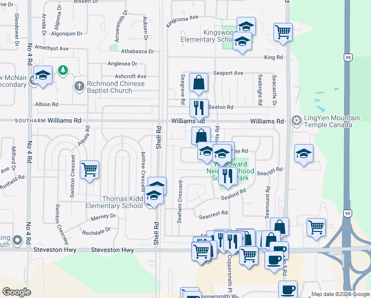 map of restaurants, bars, coffee shops, grocery stores, and more near 11300 Seafield Crescent in Richmond