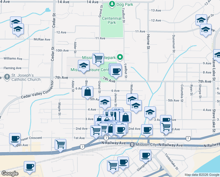 map of restaurants, bars, coffee shops, grocery stores, and more near 33067 6 Avenue in Mission
