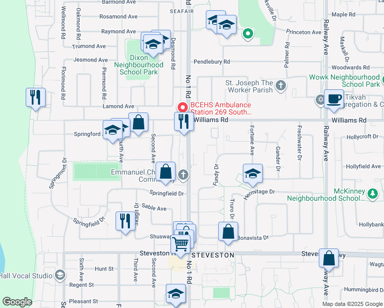 map of restaurants, bars, coffee shops, grocery stores, and more near 10222 Number 1 Road in Richmond
