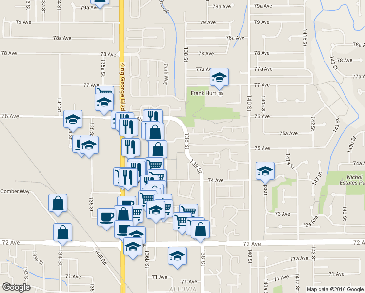 map of restaurants, bars, coffee shops, grocery stores, and more near in Surrey
