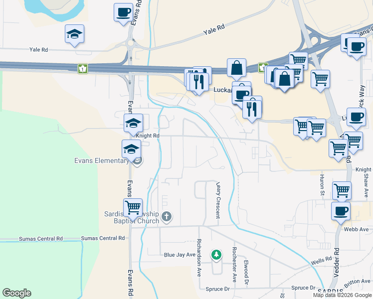 map of restaurants, bars, coffee shops, grocery stores, and more near 7534 Garnet Drive in Chilliwack