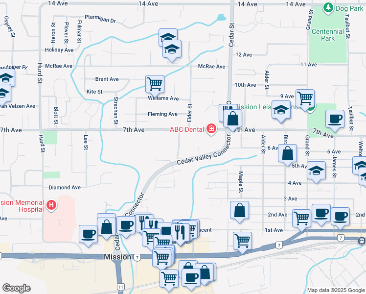 map of restaurants, bars, coffee shops, grocery stores, and more near 7540 Briskham Street in Mission