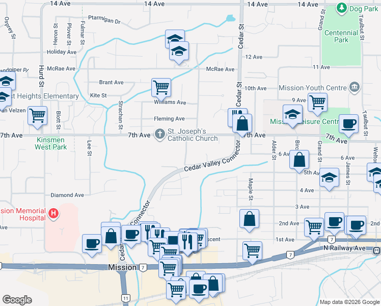 map of restaurants, bars, coffee shops, grocery stores, and more near 7540 Briskham Street in Mission