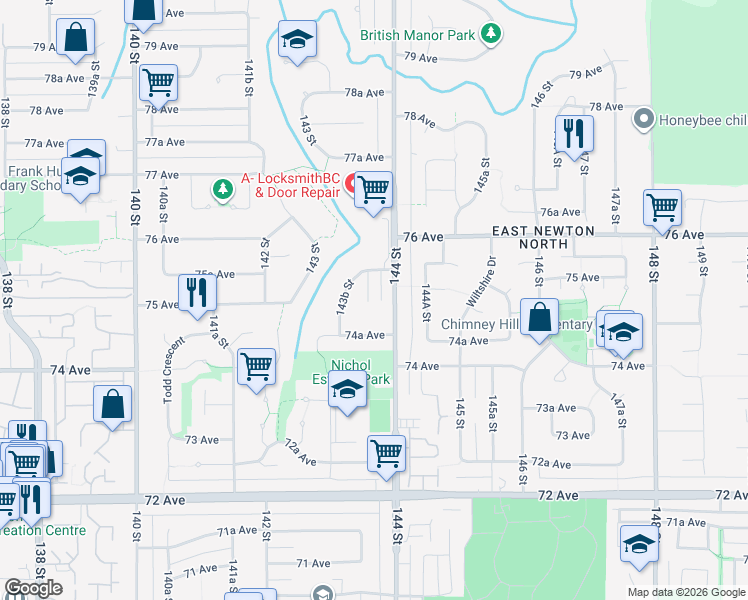 map of restaurants, bars, coffee shops, grocery stores, and more near 7506 143C Street in Surrey