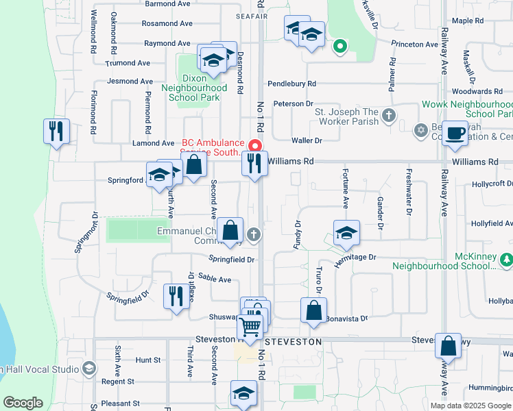 map of restaurants, bars, coffee shops, grocery stores, and more near 10171 Number 1 Road in Richmond