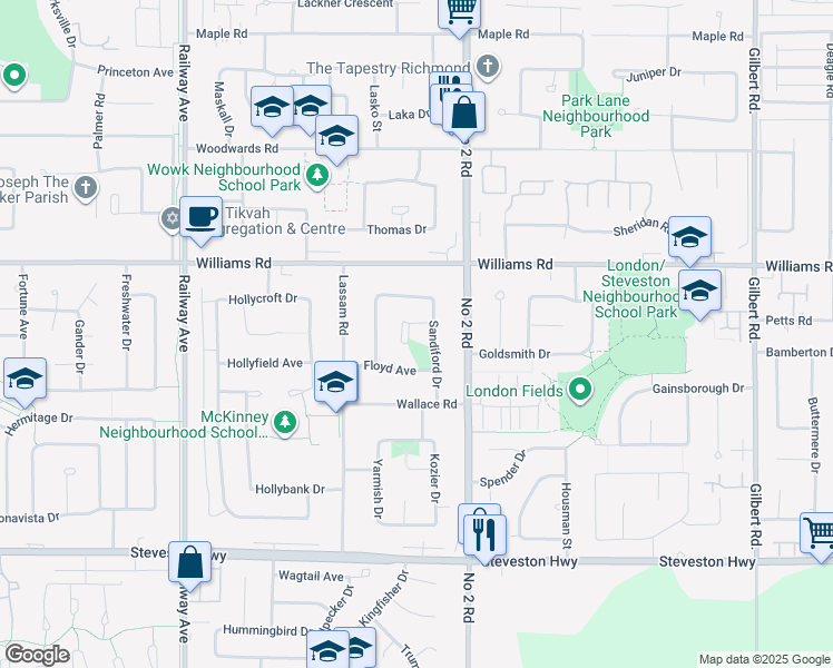 map of restaurants, bars, coffee shops, grocery stores, and more near 5640 Sandiford Place in Richmond