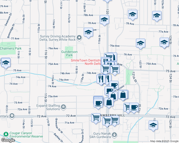 map of restaurants, bars, coffee shops, grocery stores, and more near 11899 74B Avenue in Delta