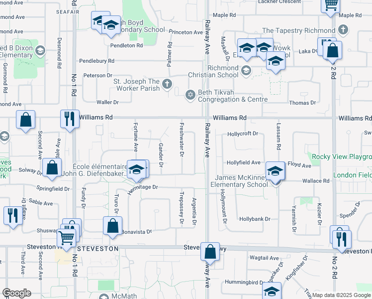 map of restaurants, bars, coffee shops, grocery stores, and more near 10260 Freshwater Drive in Richmond