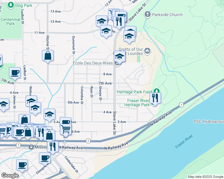 map of restaurants, bars, coffee shops, grocery stores, and more near 7565 Stave Lake Street in Mission
