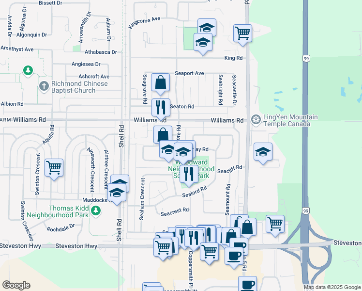 map of restaurants, bars, coffee shops, grocery stores, and more near 11411 Seabay Road in Richmond