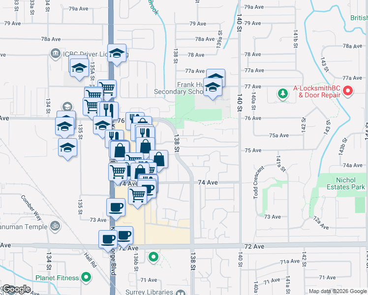 map of restaurants, bars, coffee shops, grocery stores, and more near 7518 138 Street in Surrey