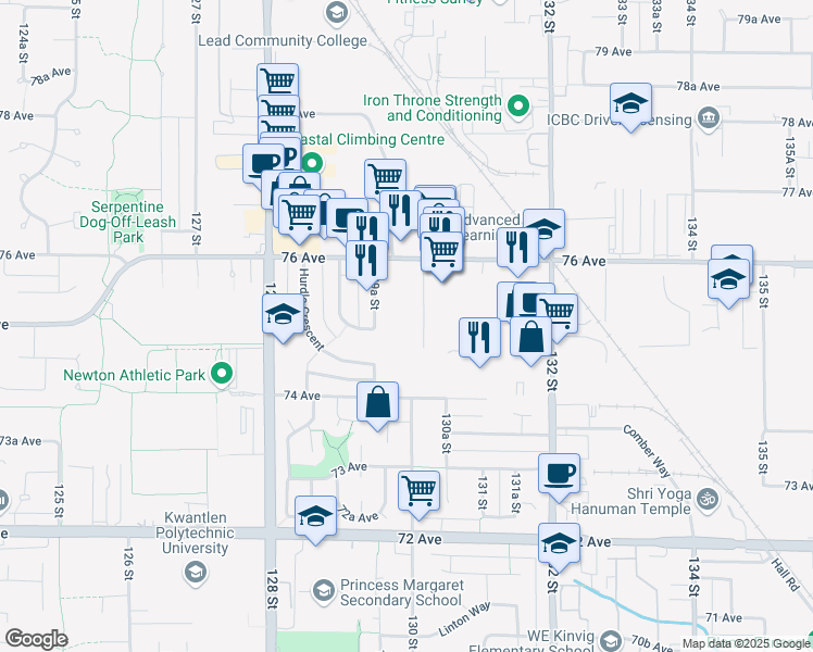 map of restaurants, bars, coffee shops, grocery stores, and more near 7485 130 Street in Surrey