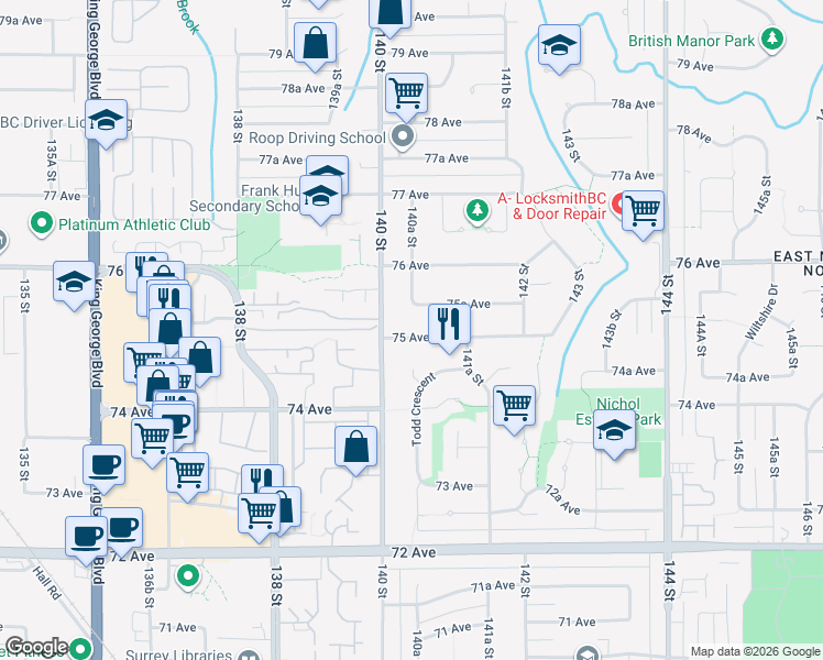 map of restaurants, bars, coffee shops, grocery stores, and more near 14041 75 Avenue in Surrey