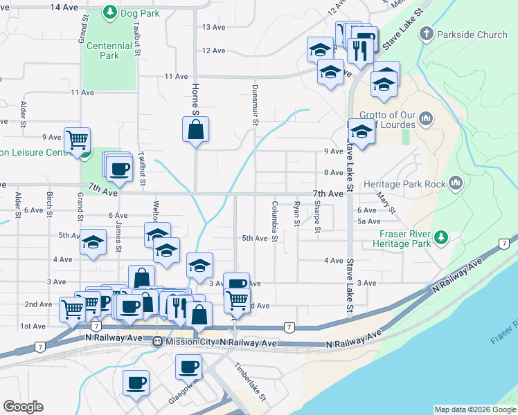 map of restaurants, bars, coffee shops, grocery stores, and more near 7566 Dunsmuir Street in Mission